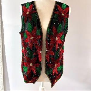 Scala 100% silk vest beautiful flower beading design women’s size L